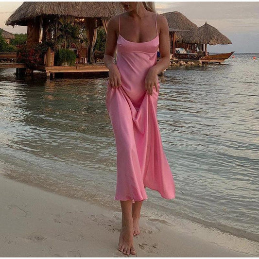 Elegant satin long women’s camisole dress by MANDOTOS, sleeveless, backless, perfect for holiday, party, or casual summer occasions.
