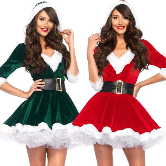 Women’s Christmas dress by MANDOTOS featuring a sexy Santa Claus hoodie, perfect for holiday parties and winter warmth.