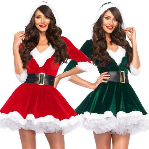 Women’s Christmas dress by MANDOTOS featuring a sexy Santa Claus hoodie, perfect for holiday parties and winter wear.