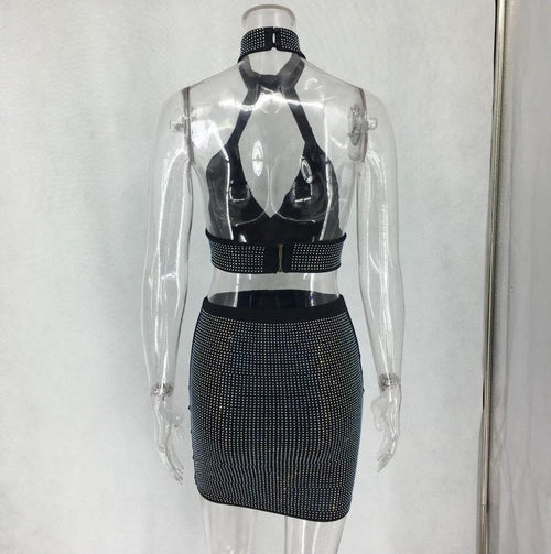 Mandotos women's diamonds two-piece dress set featuring a stylish top and matching skirt, elegant and perfect for special occasions.