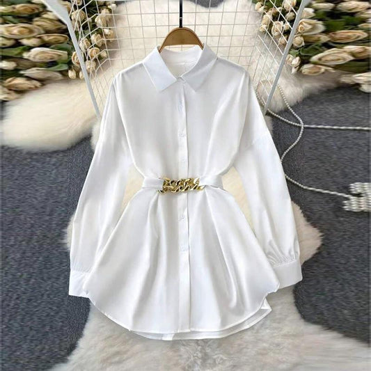 Women's solid color lapel button-down blouse with adjustable metal waist belt, loose fit, ideal for casual or office wear.