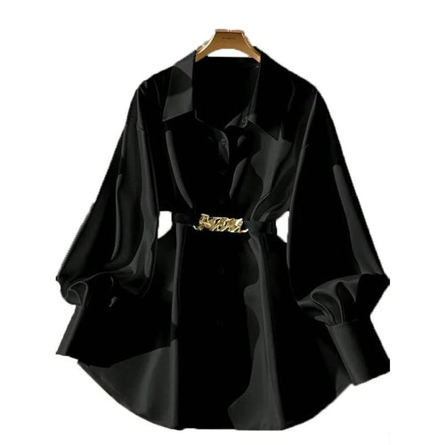 Mandotos women's elegant lapel button-down blouse with adjustable metal waist belt, solid color, loose fit for casual or office wear.