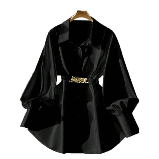 Mandotos women's elegant lapel button-down blouse with adjustable metal waist belt, solid color, loose fit for casual or office wear.