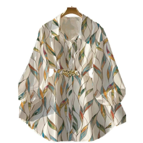 Women's elegant lapel button-down top with adjustable metal waist belt, solid color loose fit blouse for casual and office wear.