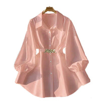Women's Elegant Lapel Button-Down Top With Adjustable Metal Waist Belt Solid Color Loose Fit Blouse For Casual & Office Wear MANDOTOS