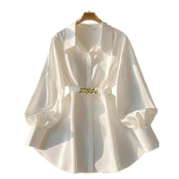 Women's Elegant Lapel Button-Down Top With Adjustable Metal Waist Belt Solid Color Loose Fit Blouse For Casual & Office Wear MANDOTOS