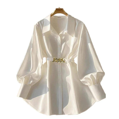 Mandotos women's elegant lapel button-down blouse with adjustable metal waist belt, solid color, loose fit, suitable for casual or office wear.