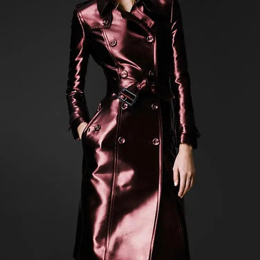 Women's slim fit leather high fashion coat by MANDOTOS featuring a sleek, tailored design and stylish details.