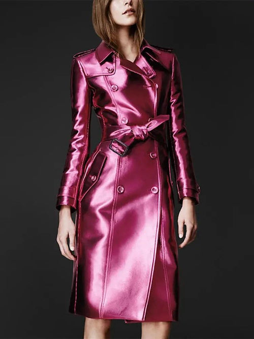 Women's slim fit leather high fashion coat by MANDOTOS, featuring a sleek design and tailored fit, shown on a model.