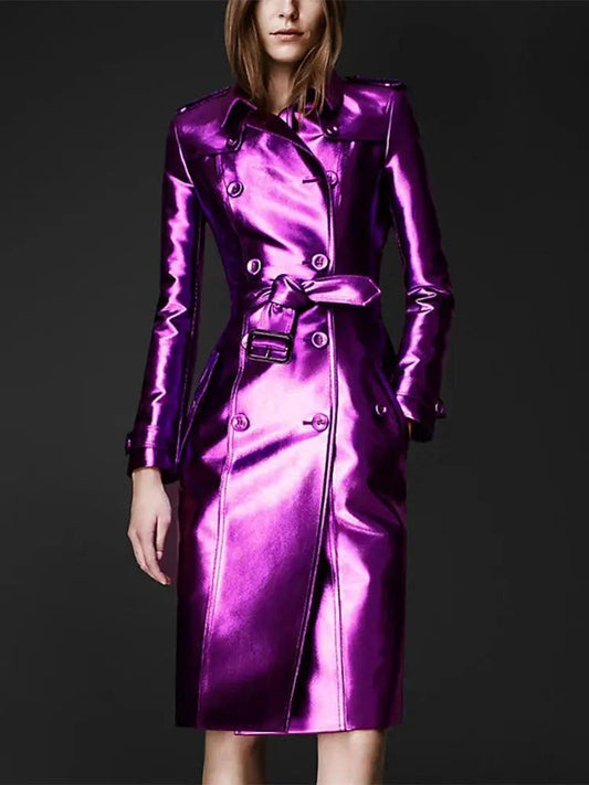 Women's slim fit leather coat by MANDOTOS, high fashion design with tailored silhouette and stylish details.