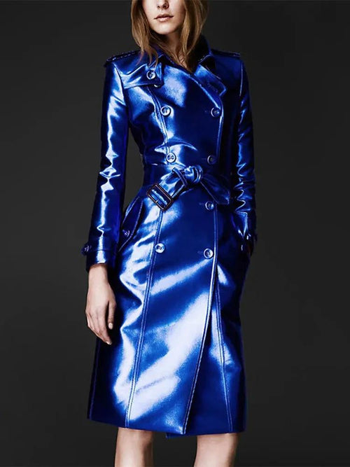Women's slim fit leather high fashion coat by MANDOTOS, showcasing a stylish and tailored design in black leather.