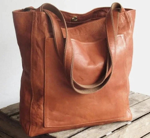 Women's soft leather shoulder bag with pocket, vintage style, portable design by MANDOTOS, featuring a sleek and durable look.