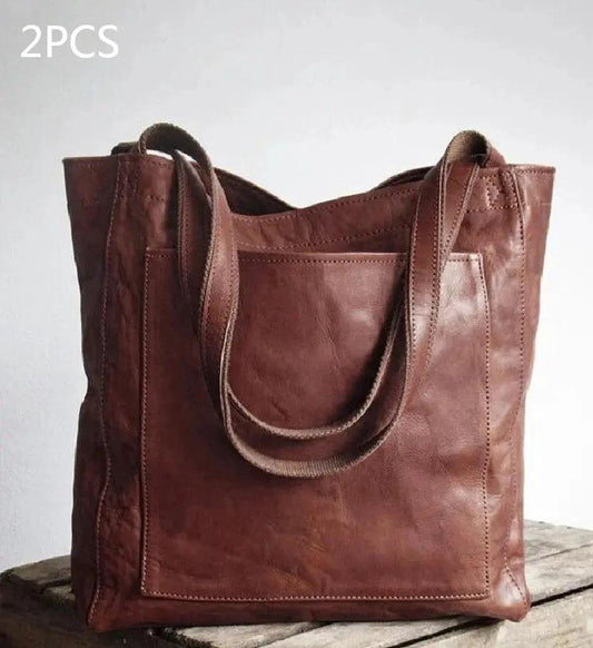 Women's soft leather shoulder bag with pocket, vintage style, portable design by MANDOTOS.