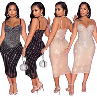 Women's Tight Braces Mesh Rhinestone Dress MANDOTOS