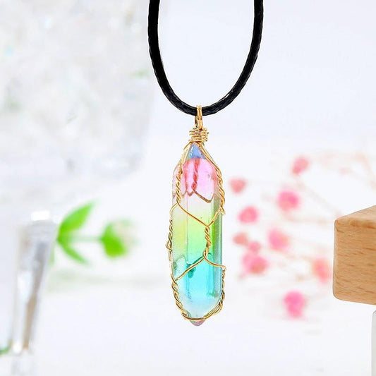 Women's transparent geometric diamond crystal necklace by MANDOTOS featuring sparkling faceted crystal design.