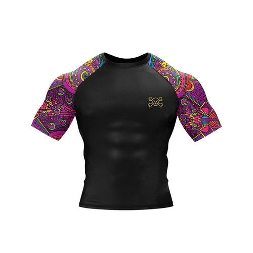 Mandotos XMARTIAL Aztec long and short sleeve unisex shirt with colorful graphic sleeve panels, showcasing vibrant Aztec-inspired designs.