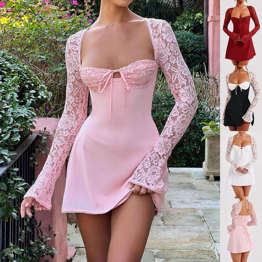 Mandotos Y2K lace long sleeve dress with sexy backless corset design, short style, perfect for fashionable women's clothing.