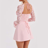Y2K  Lace Long Sleeve Dress Fashion Sexy Corset Backless Lace Up Short Dresses Womens Clothing MANDOTOS