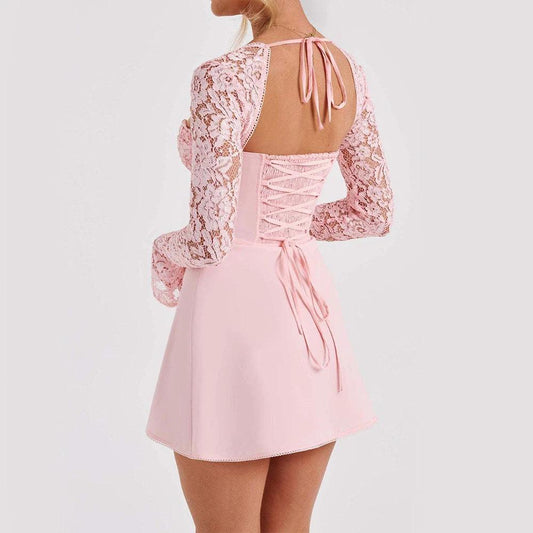 Mandotos Y2K lace long sleeve dress featuring a sexy backless corset design and lace-up details, short and stylish for women's fashion.