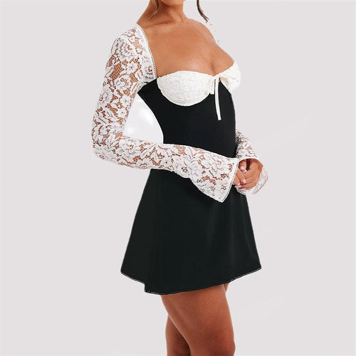 Mandotos Y2K lace long sleeve dress with corset backless design, short style, stylish women's fashion.