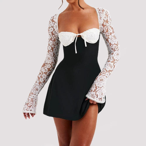 Mandotos Y2K lace long sleeve dress with corset backless design, featuring lace-up detail, short and fashionable for women.