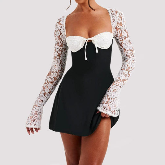 Mandotos Y2K lace long sleeve dress with corset backless design, featuring lace-up detail, short and fashionable for women.