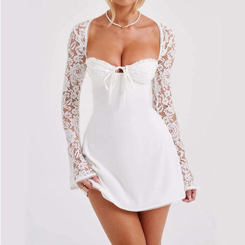 Y2K style lace long sleeve dress by MANDOTOS featuring a sexy backless corset and lace-up short design for women's fashion