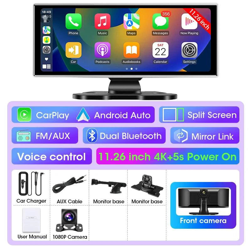 11.26 inch Car DVR 4K Dash Cam Dual Lens Wireless Carplay & Android Auto Video Recorder Monitor GPS Navigation 5G Wifi FM AUX - MANDOTOS