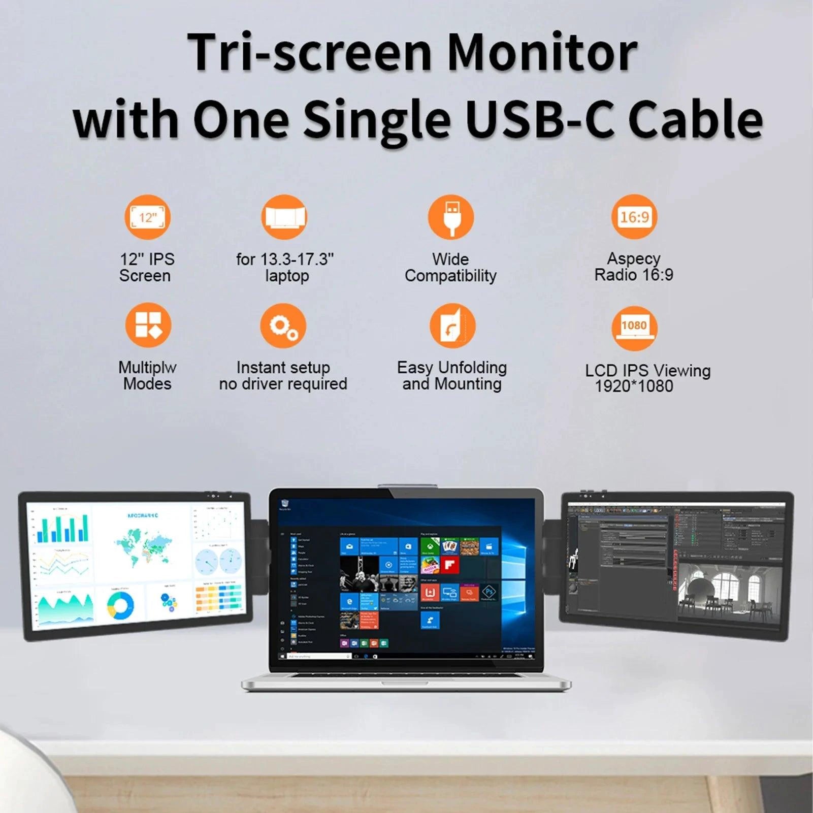 Mandotos 12-inch laptop dual monitor extender with 1920x1080 HD IPS LCD display for MacBook and Huawei laptops.