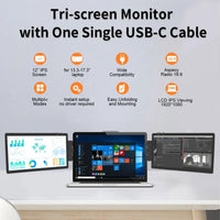 Mandotos 12-inch dual monitor extender with 1920x1080 HD IPS LCD screen for MacBook and Huawei laptops.