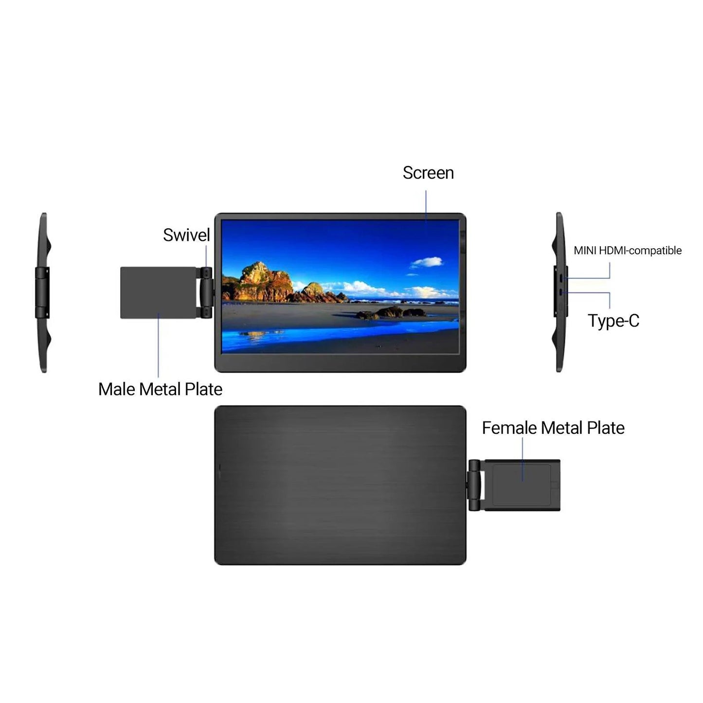 Mandotos 12-inch HD IPS LCD dual monitor extender for laptops, compatible with MacBook and Huawei, with 1920x1080 resolution.