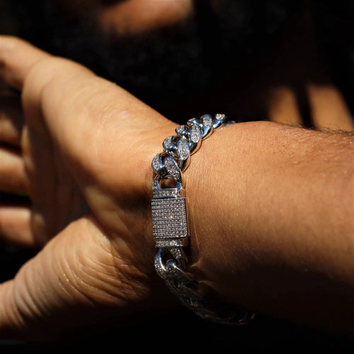 12mm White Gold Diamond Cuban Link Bracelet - MANDOTOS