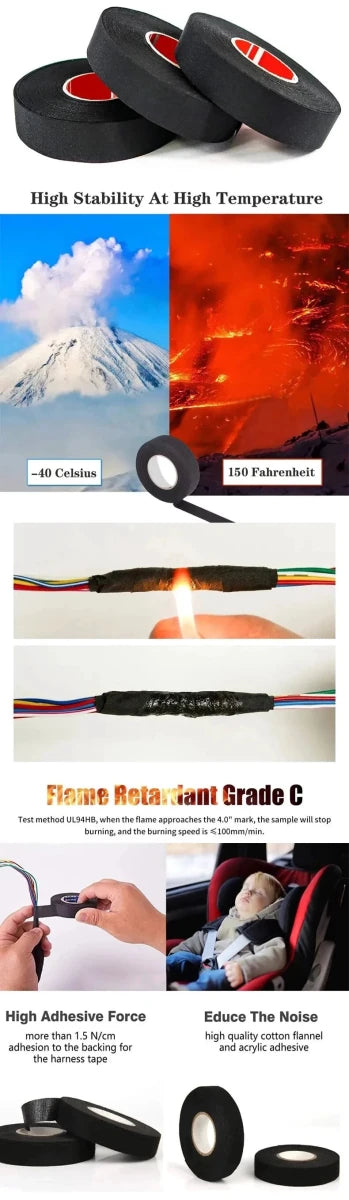 15 Meter Heat-resistant Flame Retardant Tape Coroplast Adhesive Cloth Tape For Car Cable Harness Wiring Loom Protection - MANDOTOS