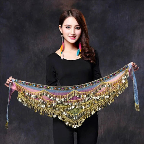 Mandotos multi-color glass silk velvet belly dance belt with crystal accents, waist chain, and hip scarf for performance and costume.