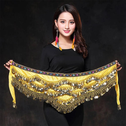 Mandotos multi-color glass silk velvet belly dance belt with crystals, waist chain, and hip scarf, ideal for dance performances and costumes.