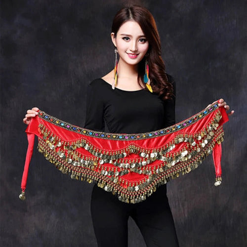 Mandotos multi-color glass silk velvet belly dance belt with crystals, designed as a waist chain and hip scarf for dance performances.