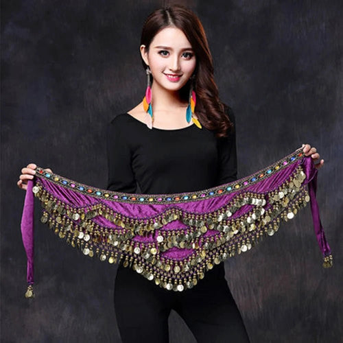 Mandotos multi-color glass silk velvet belly dance belt with crystal accents and waist chain, perfect for hip and dance accessories.
