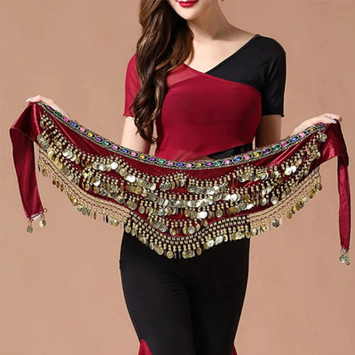 Mandotos belly dance belt with multi-color glass and velvet scarf, crystal waist chain, and hip scarf for traditional dance costumes.