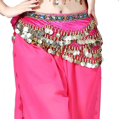 Mandotos multi-color glass silk velvet belly dance belt with crystals, waist chain, and hip scarf for elegant dance performances.