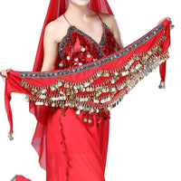 Mandotos multi-color glass silk velvet belly dance belt with crystals, waist chain, and hip scarf for graceful dance performances.
