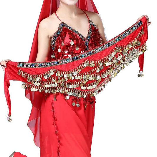 Mandotos multi-color glass silk velvet belly dance belt with crystals, waist chain, and hip scarf for graceful dance performances.