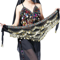 Mandotos multi-color glass silk velvet belly dance belt with crystals and waist chain, stylish hip scarf for belly dancing.