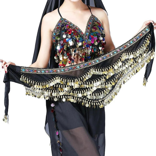 Mandotos multi-color glass silk velvet belly dance belt with crystals and waist chain, stylish hip scarf for belly dancing.