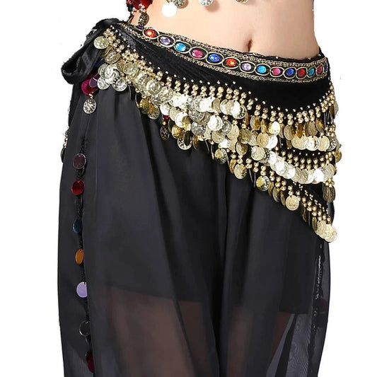 Mandotos multi-color glass silk velvet belly dance belt with crystals, waist chain, and hip scarf for elegant dance costumes.