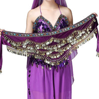 Mandotos multi-color glass and silk velvet belly dance belt with crystal accents, waist chain, and hip scarf for dance performances.