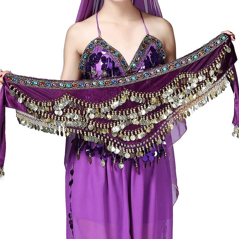Mandotos multi-color glass and silk velvet belly dance belt with crystal accents, waist chain, and hip scarf for dance performances.