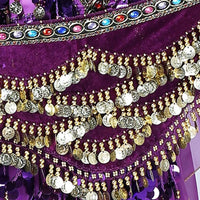 Mandotos multi-color glass silk velvet belly dance belt with crystals, waist chain, and hip scarf for elegant movement and vibrant style.