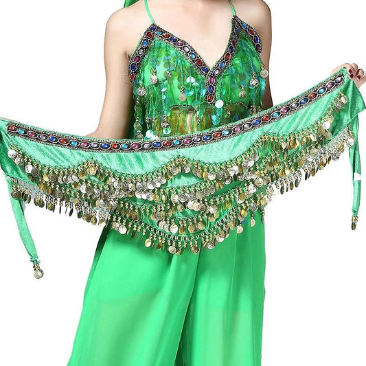 Mandotos belly dance belt with multi-color glass beads, silk velvet fabric, crystal accents, and waist chain for elegant dance performances.