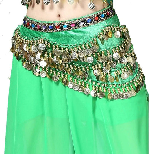 Mandotos new multi-color glass silk velvet belly dance belt with crystal accents, waist chain, and hip scarf for traditional dance costumes.