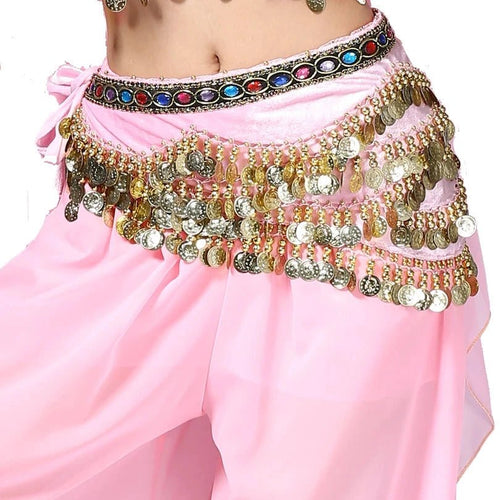 Mandotos multi-color glass silk velvet belly dance belt with crystal accents, waist chain, and hip scarf for dance performances.